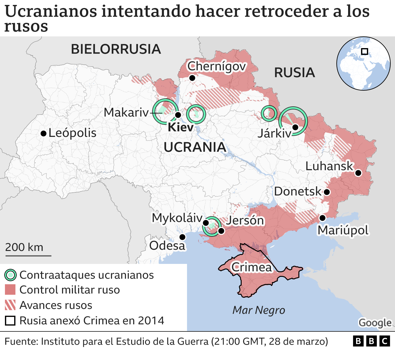 Mapa que muestra las zonas de control militar ruso en Ucrania, las zonas de avance y las de contraataque ucraniano.