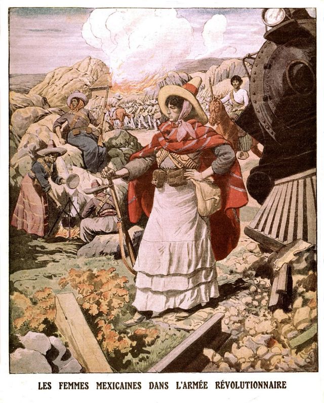 Cartel antiguo sobre las mujeres de la revolución mexicana.