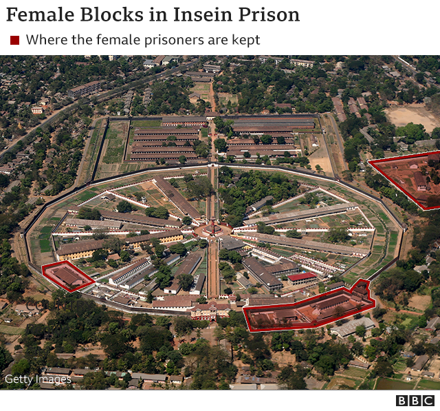 Aerial of Insein prison with the women's wings highlighted.