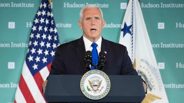 US Vice President Mike Pence addresses the Hudson Institute on the administration"s policy towards China in Washington, DC, on October 4, 2018.