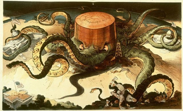 Caricatura política que muestra un tanque de Standard Oil como un pulpo con tentáculos envueltos alrededor de las industrias del acero, el cobre y el transporte marítimo, así como una casa estatal, el Capitolio de EE.UU. y la Casa Blanca.