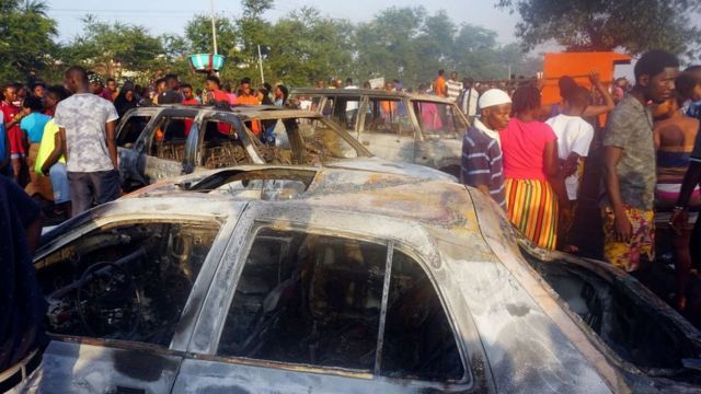 Burned vehicles.