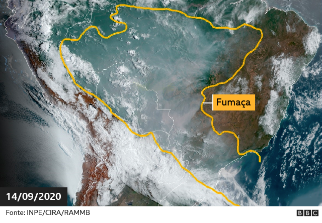 Fumaça na América do Sul em imagem de Satélite no dia 14 de setembro de 2019