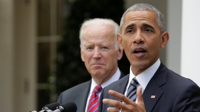 U.S. President Barack Obama and U.S. Vice President Joe Biden speak after the election of Donald Trump in the U.S. presidential election at the White House in Washington, U.S., November 9, 2016.