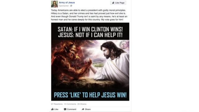 Postagem em rede social, parte de uma série que teria sido manipulada nos Estados Unidos, vincula Hillary Clinton ao diabo