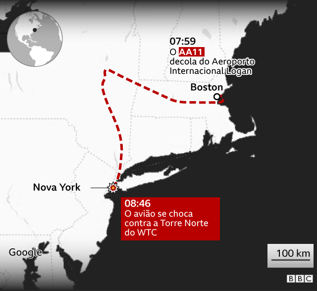 Infográfico da trajetória do voo AA11 de Boston até Nova York