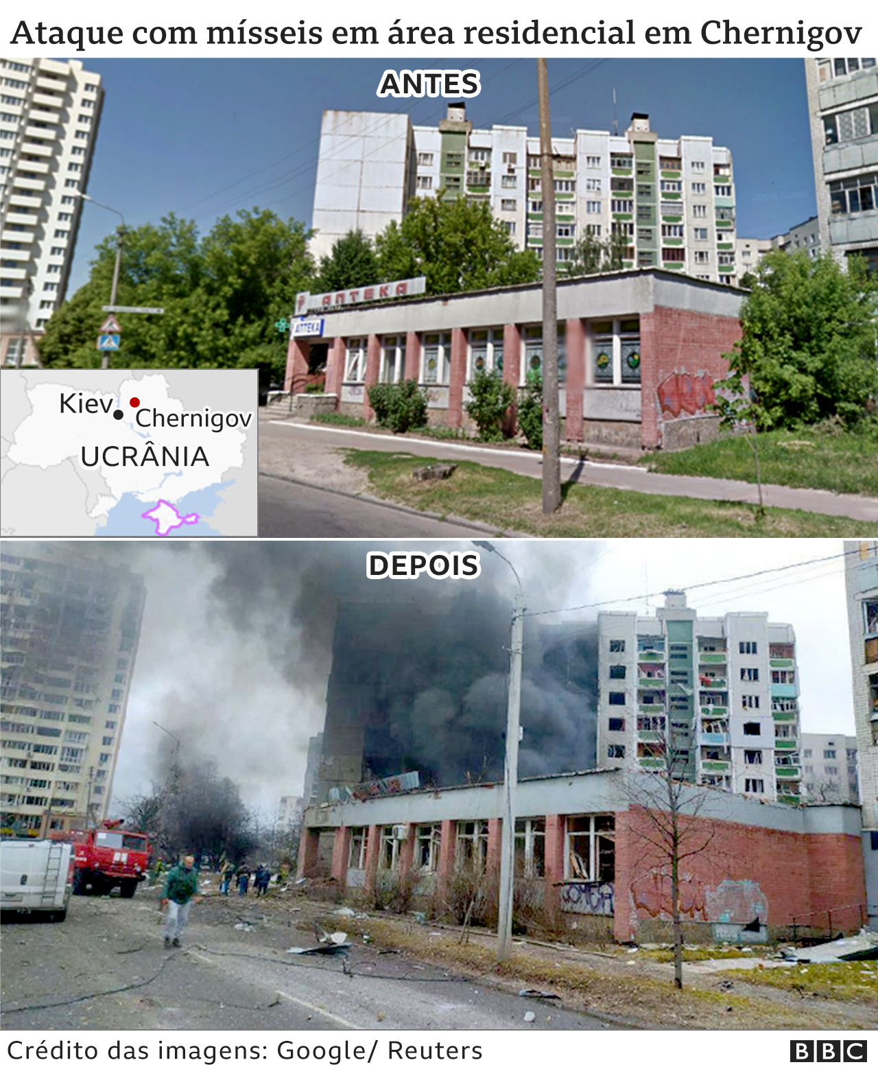 Montagem com antes e depois de ataque em Chernigov