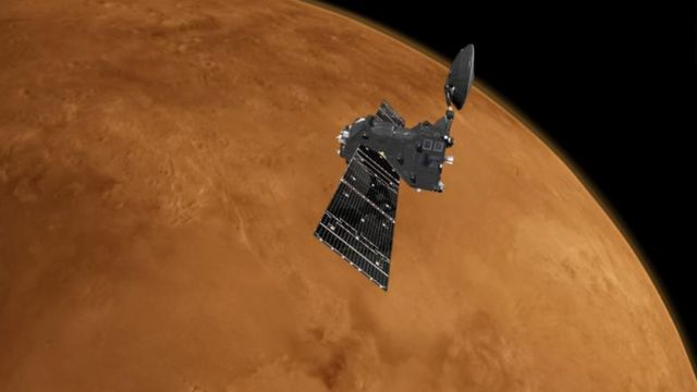 ภาพจำลองดาวเทียม Trace Gas Orbiter ที่โคจรสำรวจรอบดาวอังคาร
