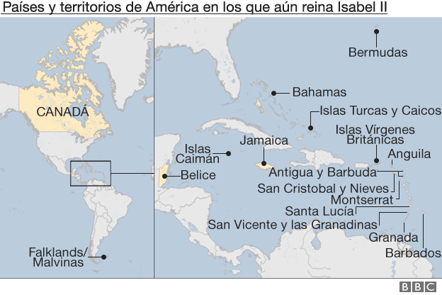 Mapa de los países y territorios de América en los que aún reina Isabel II
