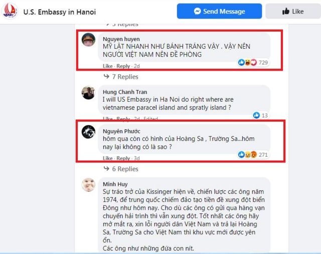 Nhiều bình luận bức xúc dưới bài viết trên trang Facebook của Đại sứ quán Mỹ ở Hà Nội về vụ việc.