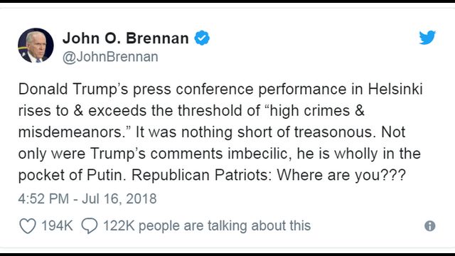 Dòng tweet của Cựu giám đốc CIA John Brennan chỉ trích cuộc gặp Trump-Putin