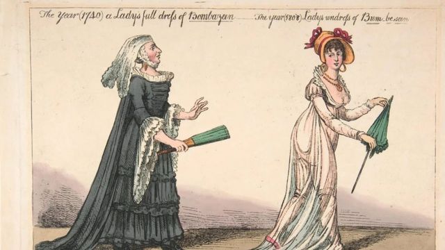 Les graveurs satiriques du 19e siècle se plaisaient à souligner les dangers des robes en mousseline, comme le risque d'apparaître nu en cas de fort ensoleillement, de vent ou de pluie.