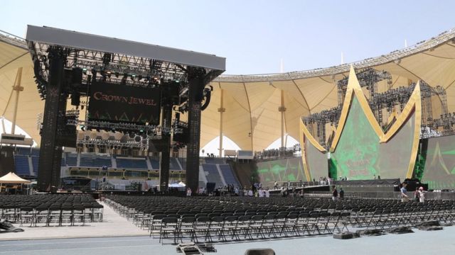 WWE Crown Jewel wrestling ring inside the King Fahd International Stadium in Riyadh, Saudi Arabia