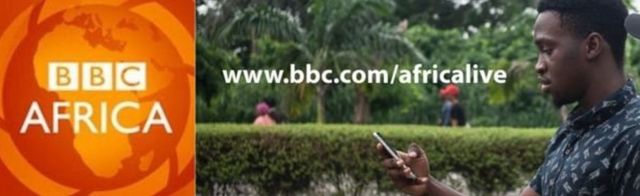 A composite image showing the BBC Africa logo and a man reading on his smartphone.