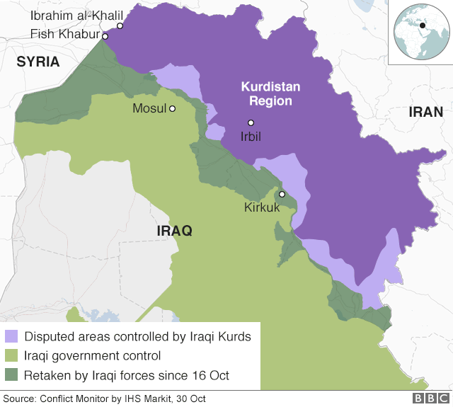 Map showing control of northern Iraq and Kurdistan Region, as well as locations of Fish Khabur and Ibrahim al-Khalil border crossings (30 October 2017)