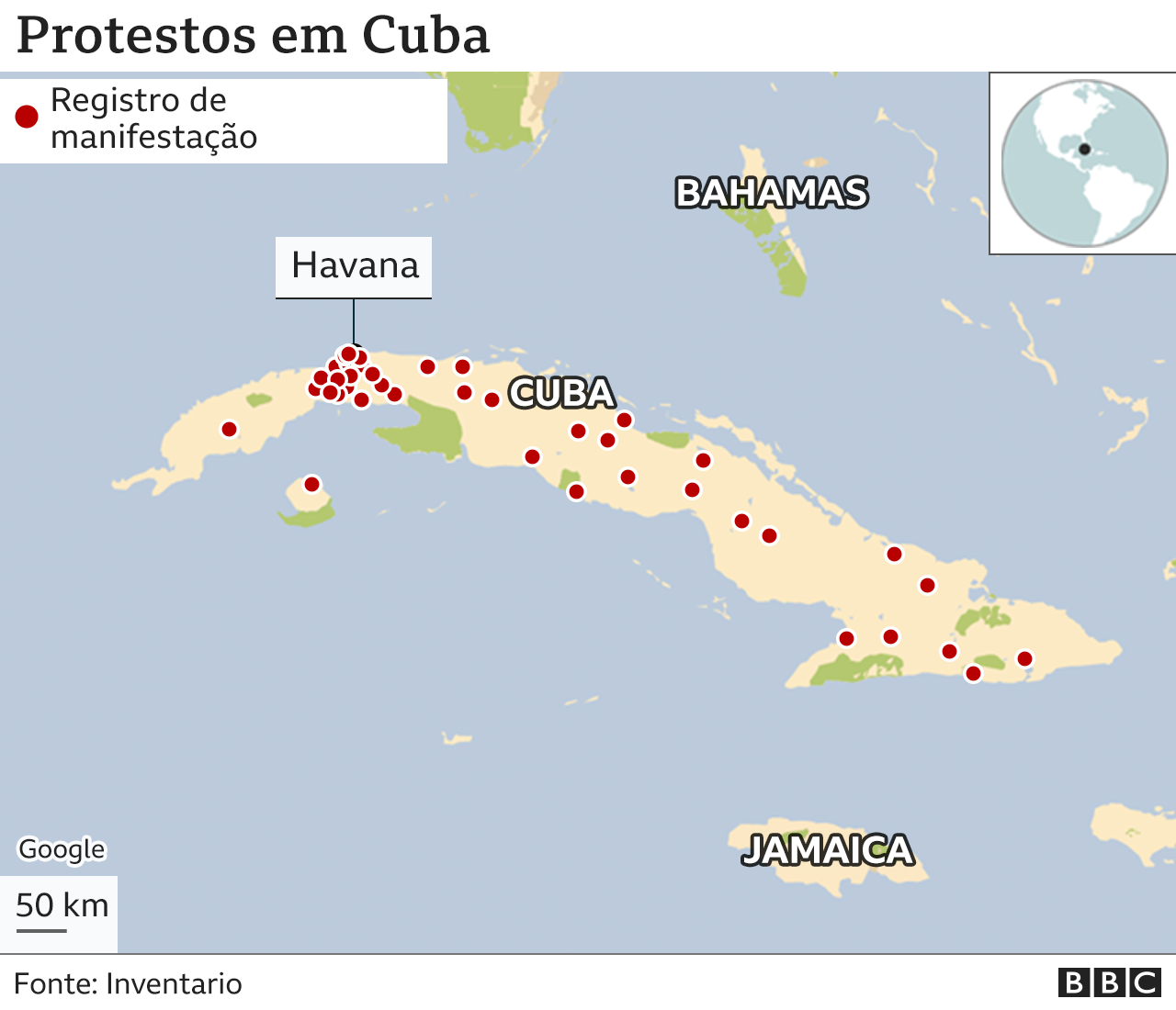 mapa de protestos em cuba em 11 de julho