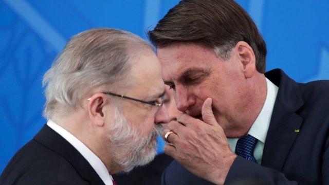 O presidente Jair Bolsonaro cobre a boca e fala algo no ouvido do PGR Augusto Aras