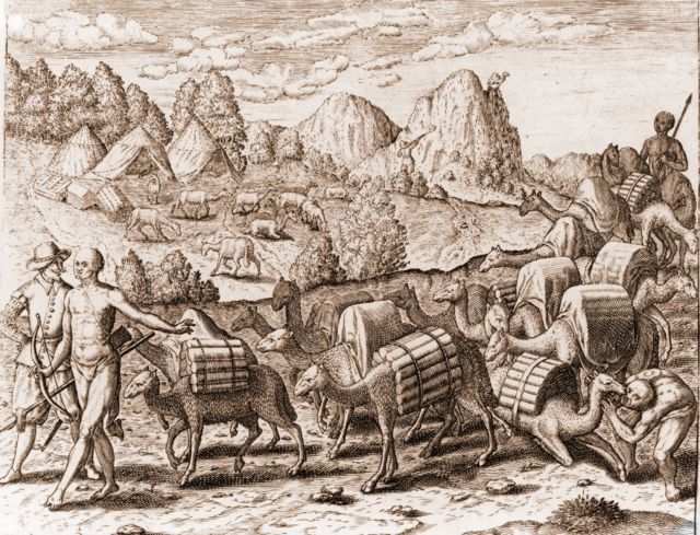 Caravana de lhamas transportando prata das minas de Potosí, em ilustração baseada na pintura de Jacques Le Moyne (1533-1588)