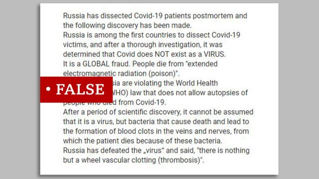 منشور يدعي أن أطباء روس اكتشفوا أنه لا وجود لفيروس كورونا