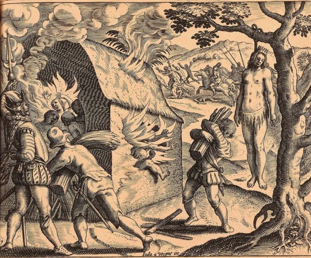 The massacre of Queen Anacaona and her subjects.  Engraving of the book 'Brevísima relación de la destrucción de las Indias', by Bartolomeu de las Casas