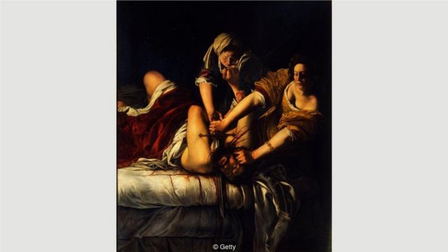 《朱迪斯与赫罗弗尼斯》（Judith and Holofernes），创作于1621年左右，现藏于佛罗伦萨乌菲兹美术馆——阿尔泰米西娅•真蒂莱斯基的许多作品都被解读为复仇之作。