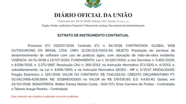 Anúncio do contrato do STJ no Diário Oficial