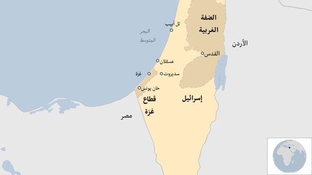خريطة لغزة وإسرائيل