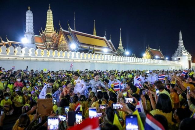 Thailand"s King Maha Vajiralongkorn and Queen Suthida greet royalists, at The Grand Palace in Bangkok, Thailand, November 1, 2020.