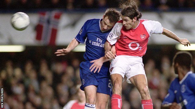 Robert Pires beats John Terry in the air to score for Arsenal against Chelsea in 2004