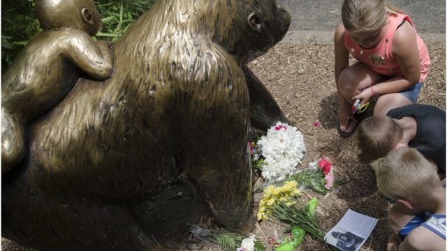 Frequentadores do zoológico de Cincinnati depositam flores em estátua de gorila