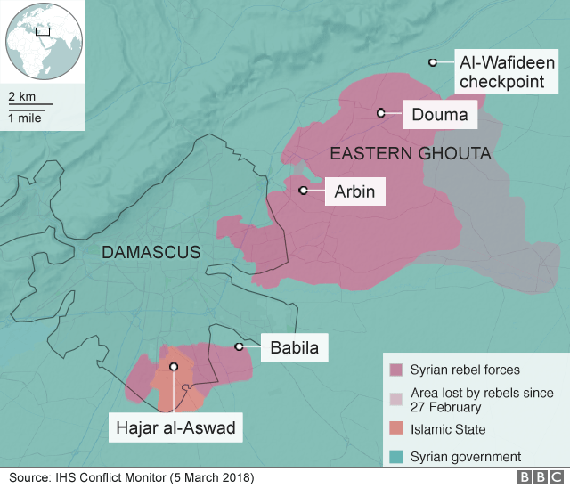 Map showing control of the Eastern Ghouta and al-Wafideen checkpoint (5 March 2018)