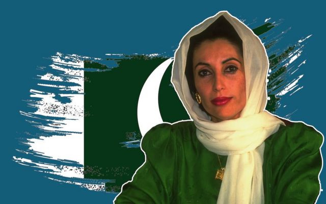 Image of Benazir Bhutto over a treated flag of Pakistan