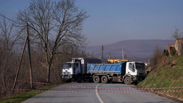 A road blocked by trucks by Serbs in the village of Rudari near the town of Zvecan, on December 26, 2022.