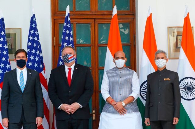 United States Secretary of State Mike Pompeo (second left), United States Secretary of Defense Mark Esper (left), Indian Defense Minister Rajnath Singh (second right), and Indian Foreign Minister Subrahmanyam Jaishankar pose for photos ahead of their meeting at Hyderabad House in New Delhi in October.  February 27, 2020.