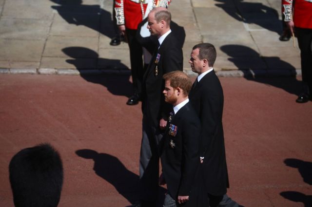 Prince William, Duke of Cambridge, Peter Phillips and Prince Harry, Duke of Sussex during the funeral of Prince Philip, Duke of Edinburgh at Windsor Castle on April 17, 2021 in Windsor, England.