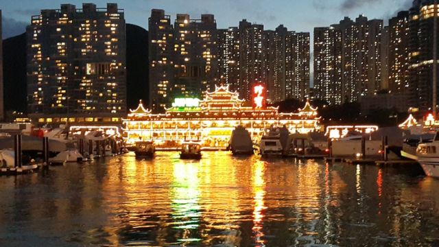 View of Jumbo Seafood Restaurant from Deep Bay, Hong Kong Island (10/2016)