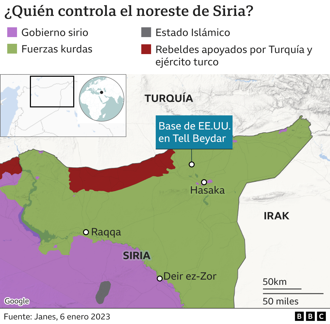 Mapa północno-wschodniej Syrii.