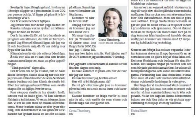 Fac-simile of Greta Thunberg's article in the 31/05/2018 edition of the Svenska Dagbladet
