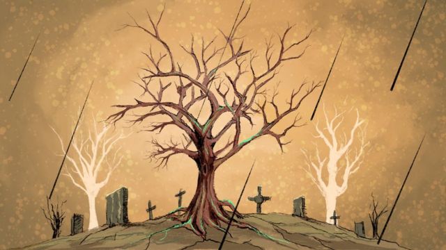 Карандашный рисунок — дерево на фоне кладбища