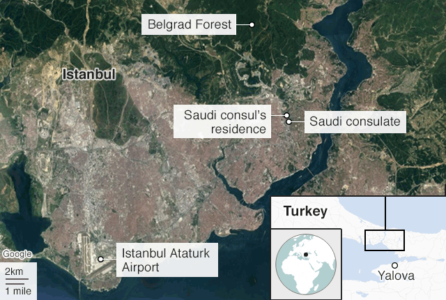 A map shows the locations in Istanbul that are being searched by Turkish investigators