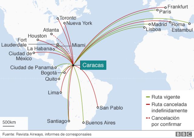 Mapa con vuelos hacia Caracas, Venezuela