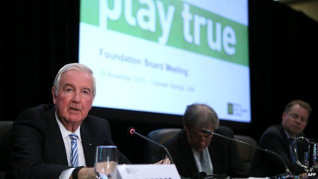 Sir Craig Reedie (L) WADA Foundation President, IOC Vice President of the United Kingdom during a World Anti-Doping Agency(WADA) Foundation press conference
