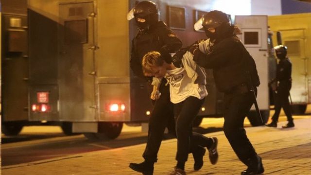 Riot police arrest a protester in Minsk, Belarus. Photo: 23 September 2020