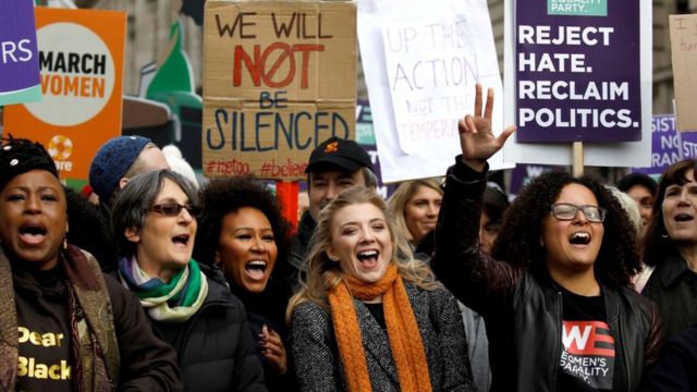 Actress Natalie Dormer (2nd-R) and others attend the "March4Women" demonstration in London, 8 March 2020