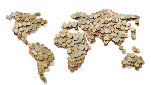 A world map made of coins