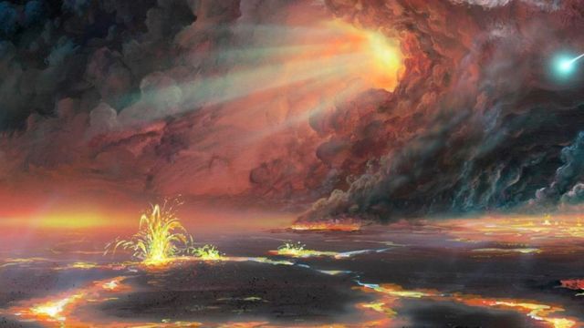 Una ilustración de magma que brota del suelo y una ráfaga de luz en el cielo