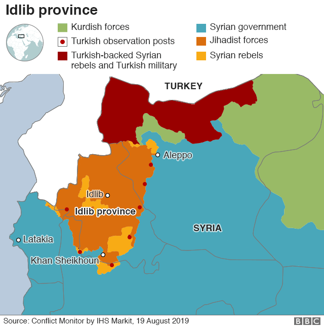 Map of Idlib province in Syria, with the multitude of different rebel groups listed and their relative territories shown geographically