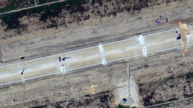 Satellite image showing repair work at Antakya airport
