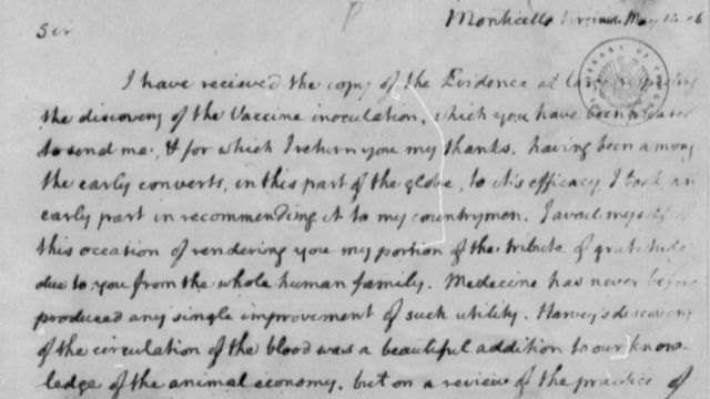 1806年5月15日，美国总统杰弗逊致信英国医生詹纳：“未来各个国家只有从历史中，才知道天花这种可怕的疾病曾经存在。”(photo:BBC)