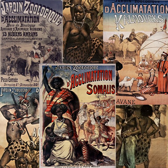Afiches de las exposiciones de nubios (1877), calmukos 1883) y somalis (1890) en el Jardin Zoologique d'Acclimatation de París, con detalles del póster de la de ashantis (1887).